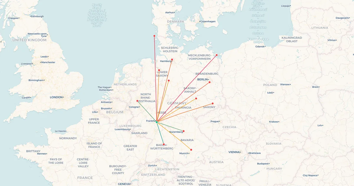Domestic flights from Frankfurt (FRA) on a map