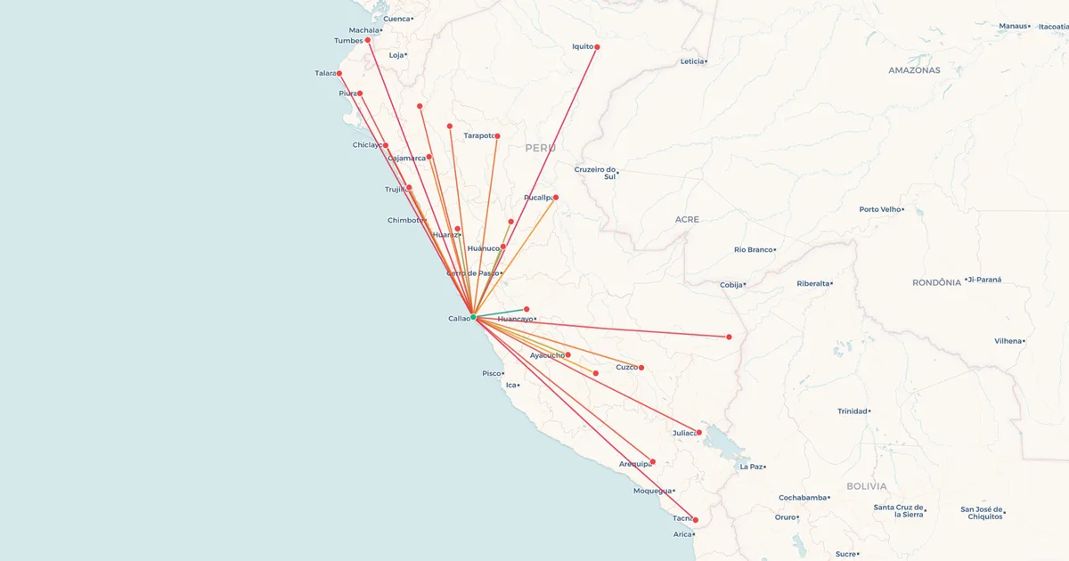 Los vuelos nacionales desde Lima (LIM) en un mapa
