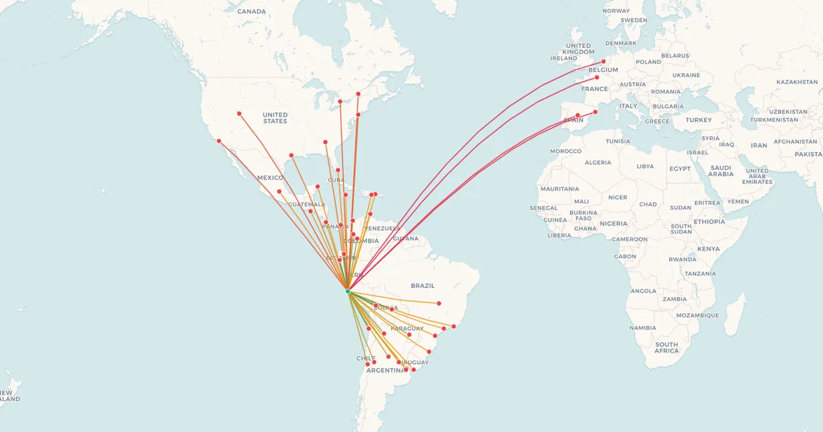 Los vuelos internacionales desde Lima (LIM) en un mapa del mundo