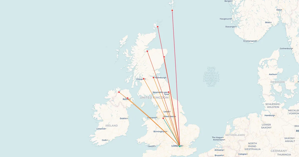 Domestic flights from London Heathrow (LHR) on a map