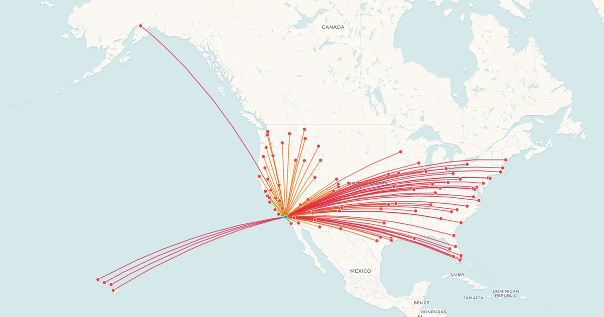 Domestic flights from Los Angeles (LAX) on a map