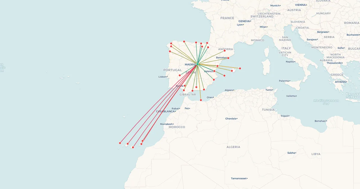 Los vuelos nacionales desde Madrid-Barajas (MAD) en un mapa