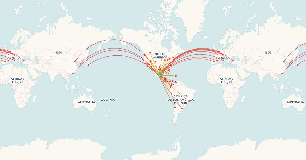 International flights from Mexico City (MEX) on a world map