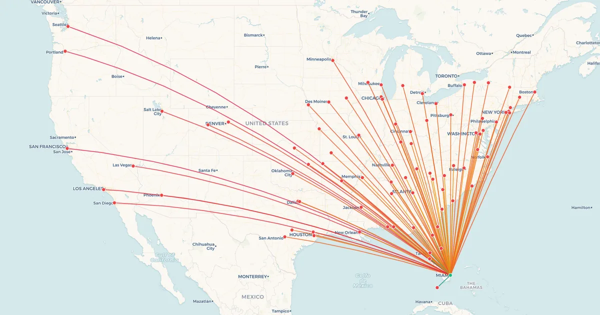 Domestic flights from Miami (MIA) on a map Domestic flights from Miami (MIA) on a map