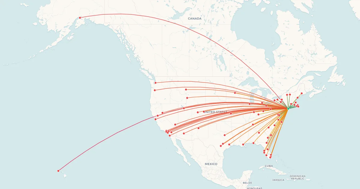 Domestic flights from New York JFK (JFK) on a map