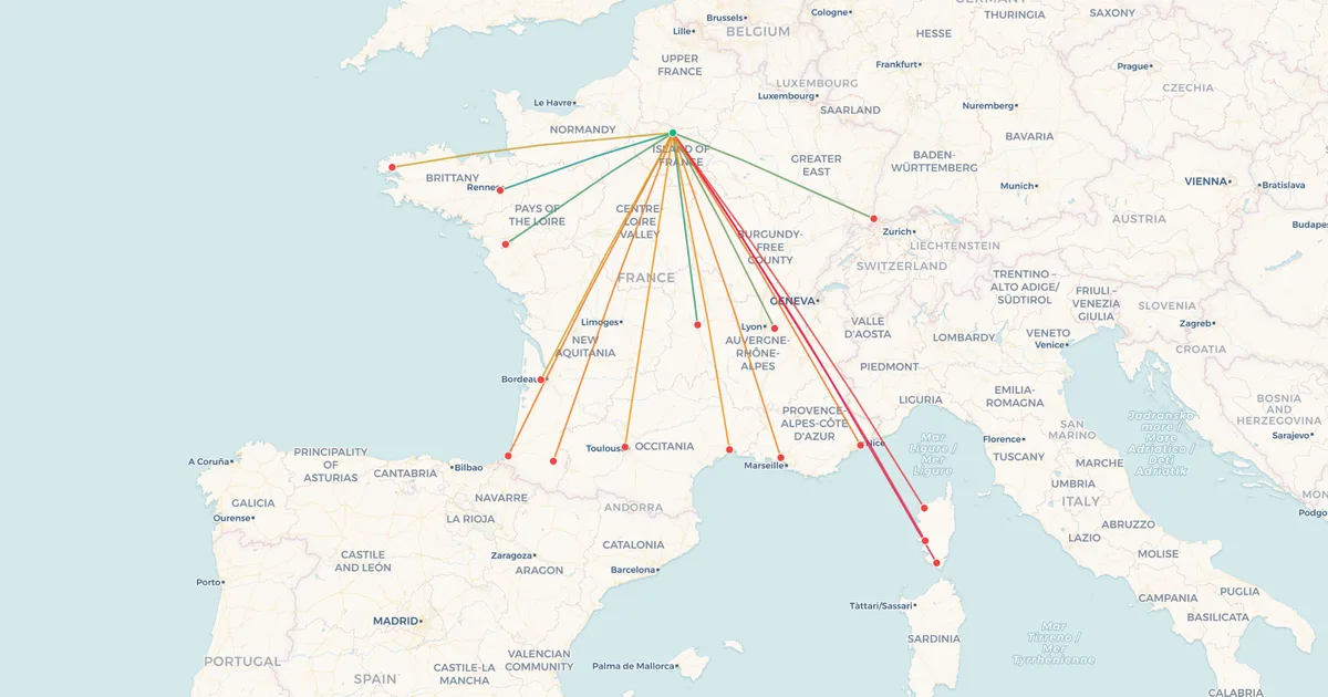 Domestic flights from Paris Charles de Gaulle (CDG) on a map