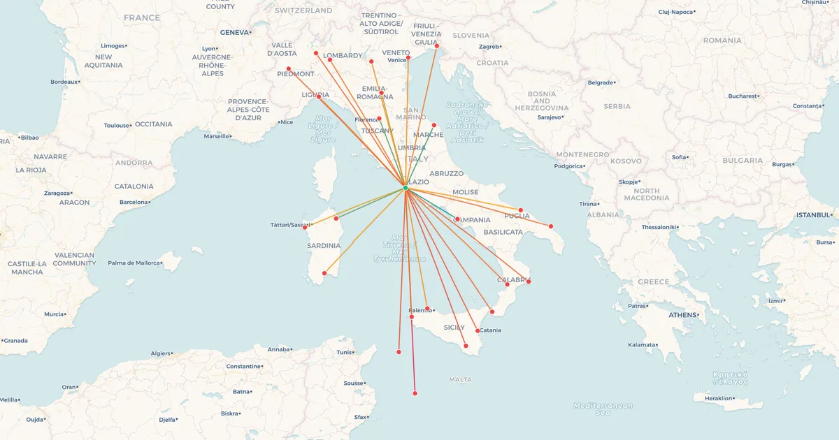 Domestic flights from Rome-Fiumicino (FCO) on a map
