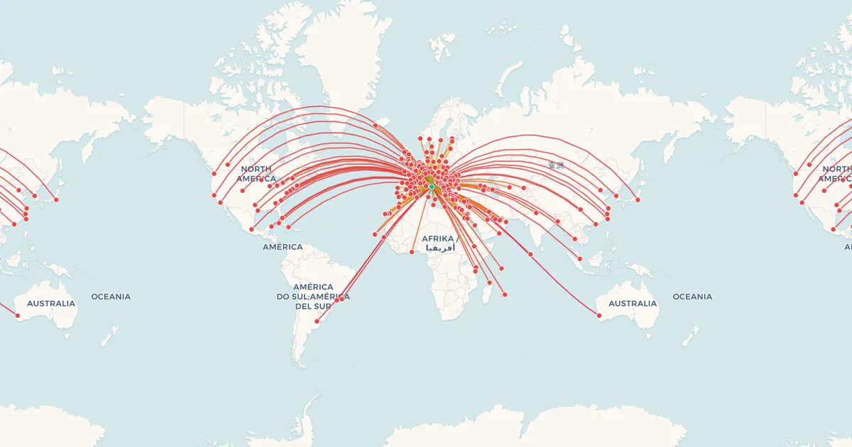 International flights from Rome-Fiumicino (FCO) on a world map