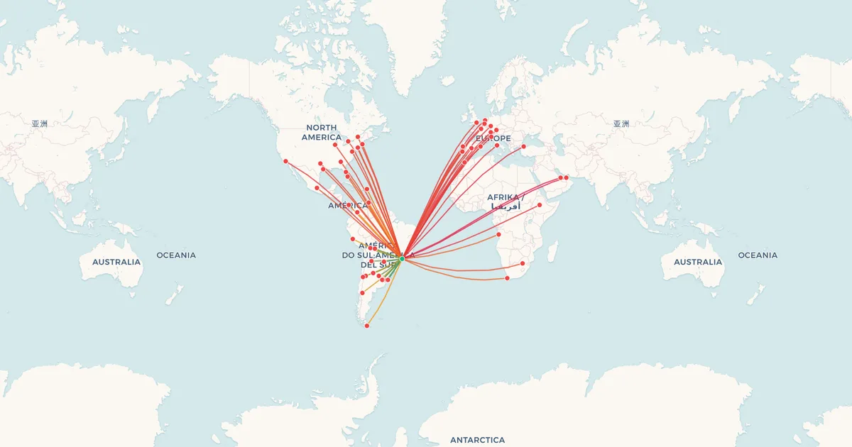 International flights from São Paulo-Guarulhos (GRU) on a world map