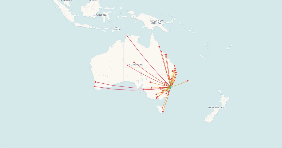 Domestic flights from Sydney (SYD) on a map