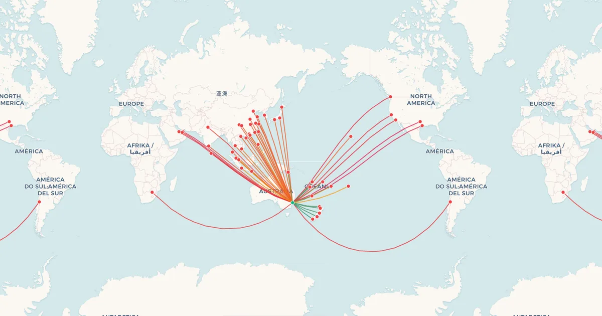 International flights from Sydney (SYD) on a world map