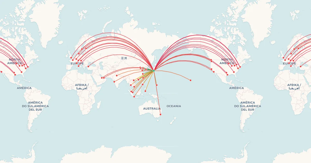 International flights from Tokyo Haneda (HND) on a world map