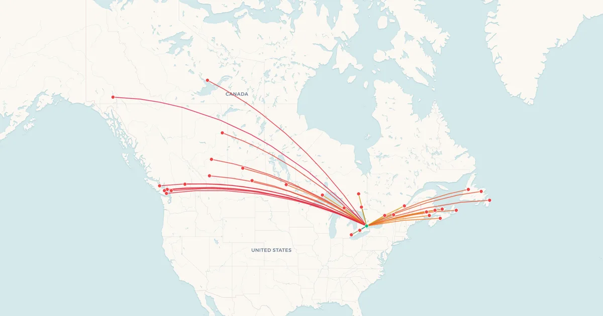 Domestic flights from Toronto Pearson (YYZ) on a map