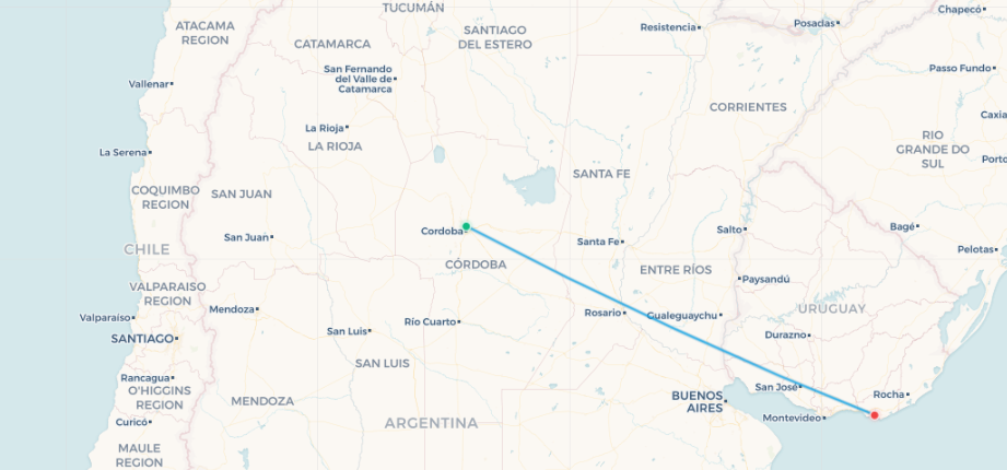 Mapa de ruta Aerolíneas Argentinas Córdoba a Punta del Este