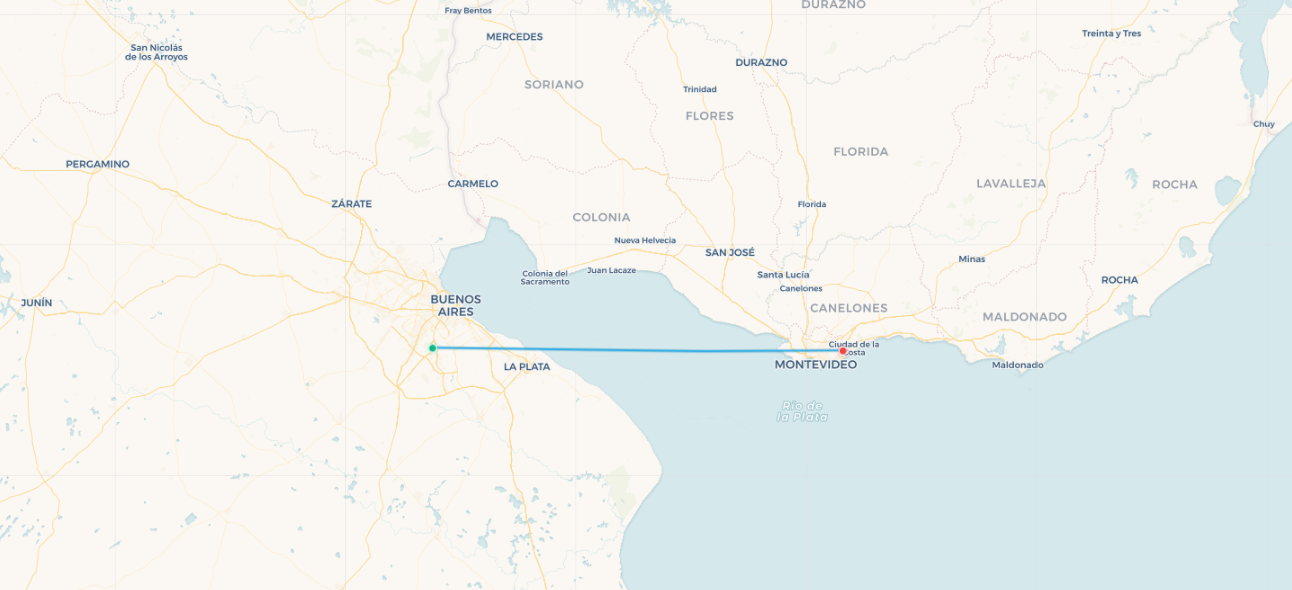 Mapa de ruta Aerolíneas Argentinas Buenos Aires a Montevideo