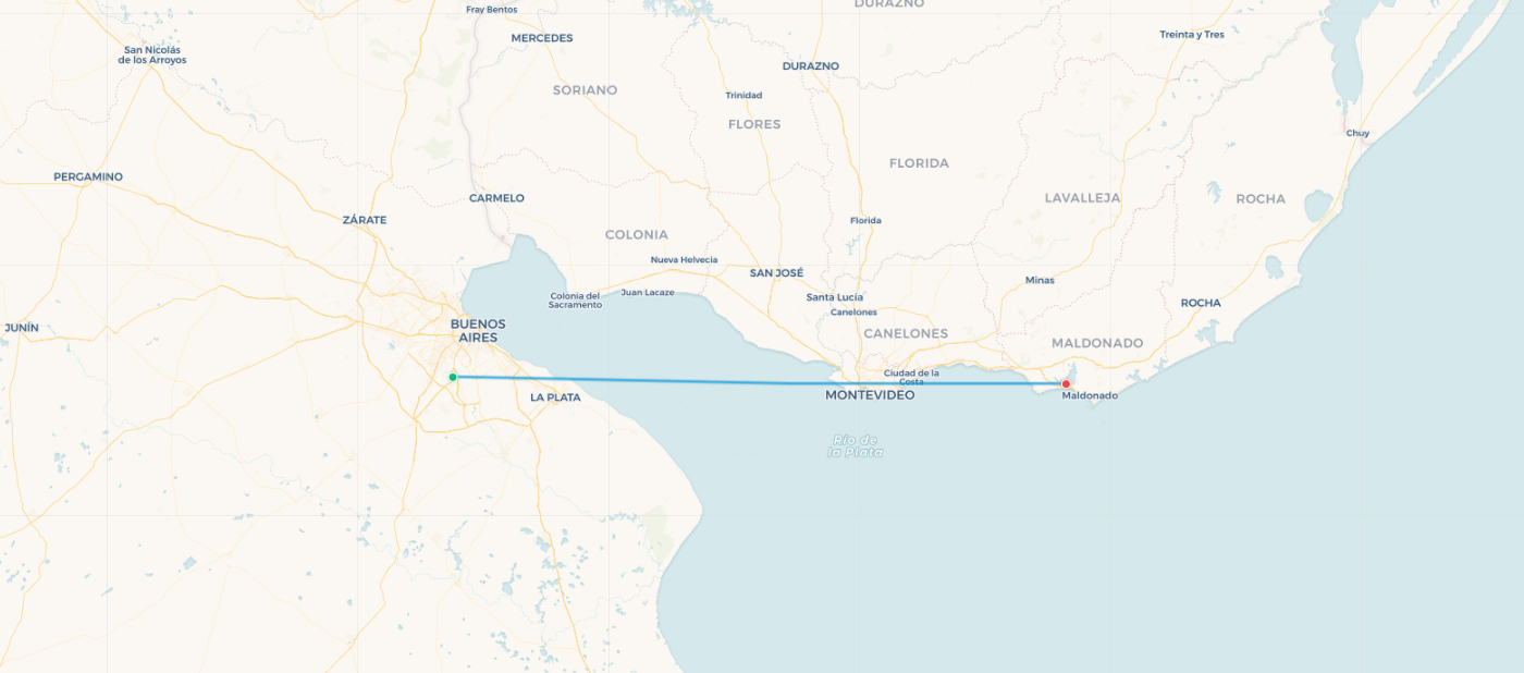 Mapa de ruta Aerolíneas Argentinas Buenos Aires a Punta del Este