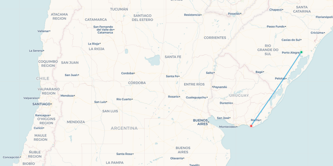 Mapa de ruta de quinta libertad Aerolíneas Argentinas Porto Alegre a Punta del Este