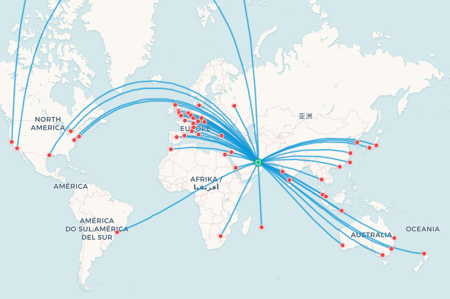 Emirates A380 route network map