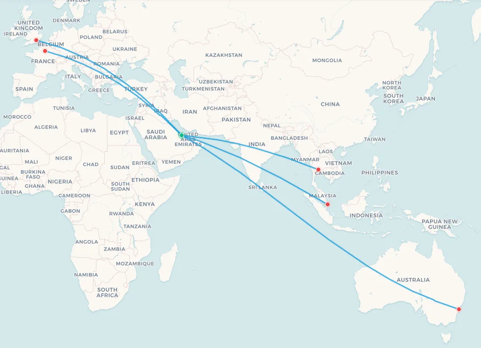 Qatar Airways A380 route map