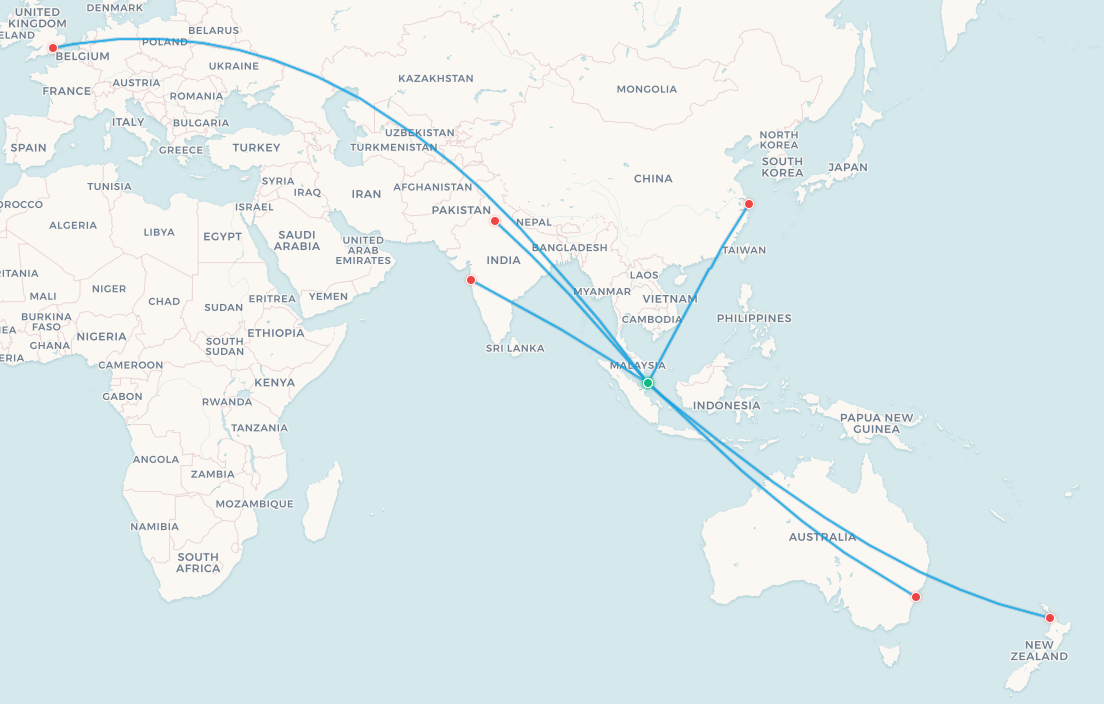 Singapore Airlines A380 route map