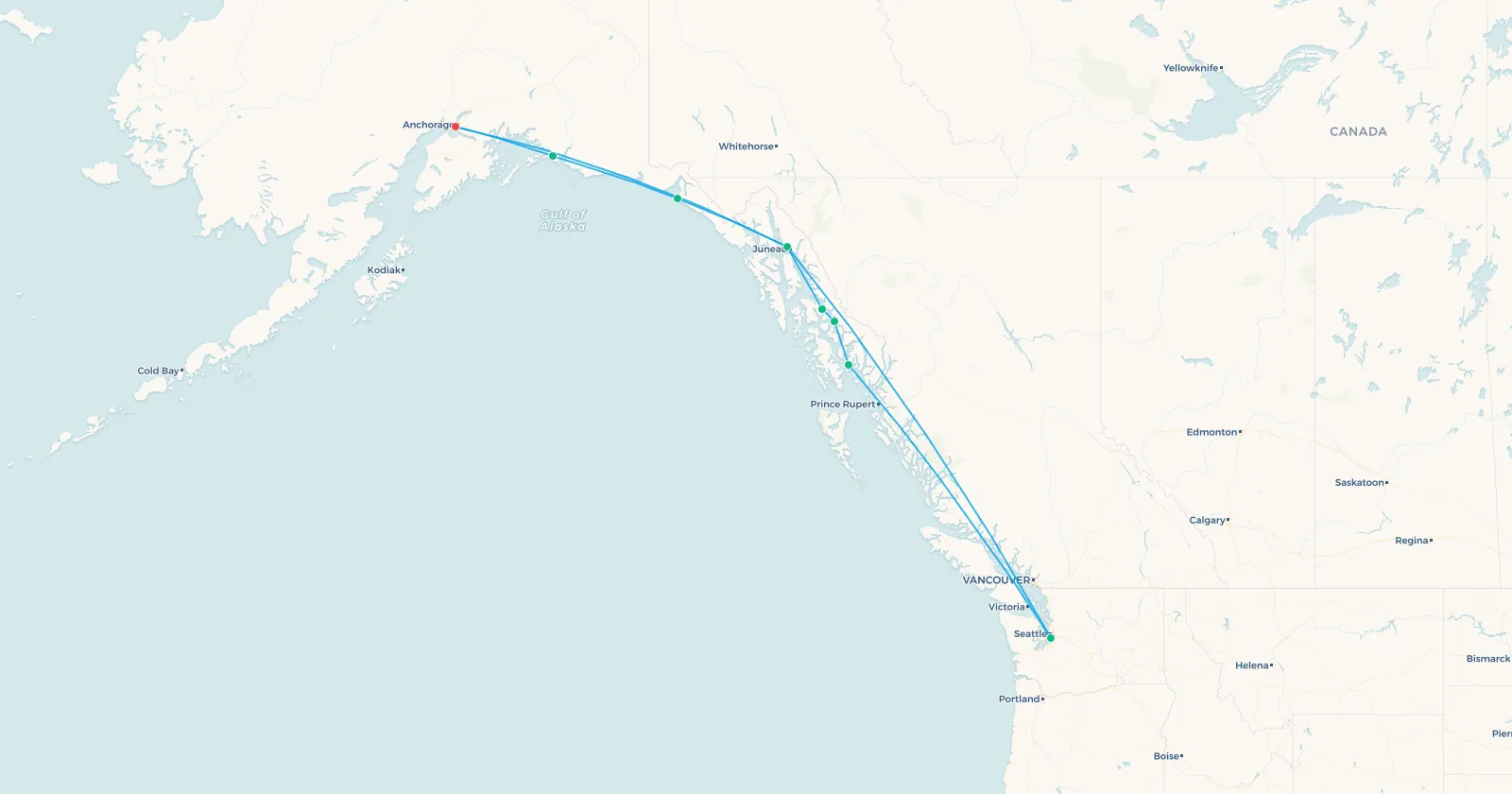 Map of the Alaska Airlines Milk Run, showing AS65 hopping Seattle to Ketchikan, Wrangell, Petersburg, Juneau and Anchorage, with the AS61 branch via Yakutat and Cordova