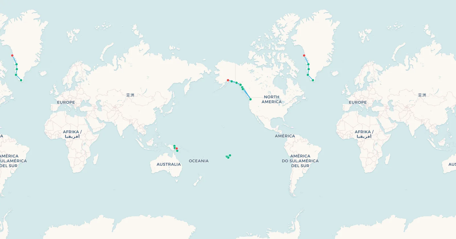 World map showing all four milk run networks in this guide, in Alaska, Greenland, Papua New Guinea and French Polynesia