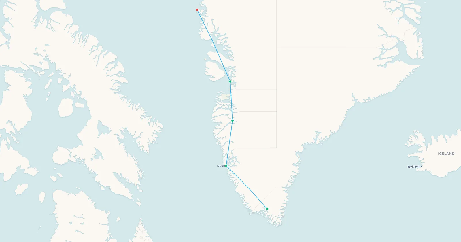 Map of Air Greenland's west coast chain from Narsarsuaq to Nuuk, Kangerlussuaq, Ilulissat and Upernavik, climbing almost vertically up the Greenland coast