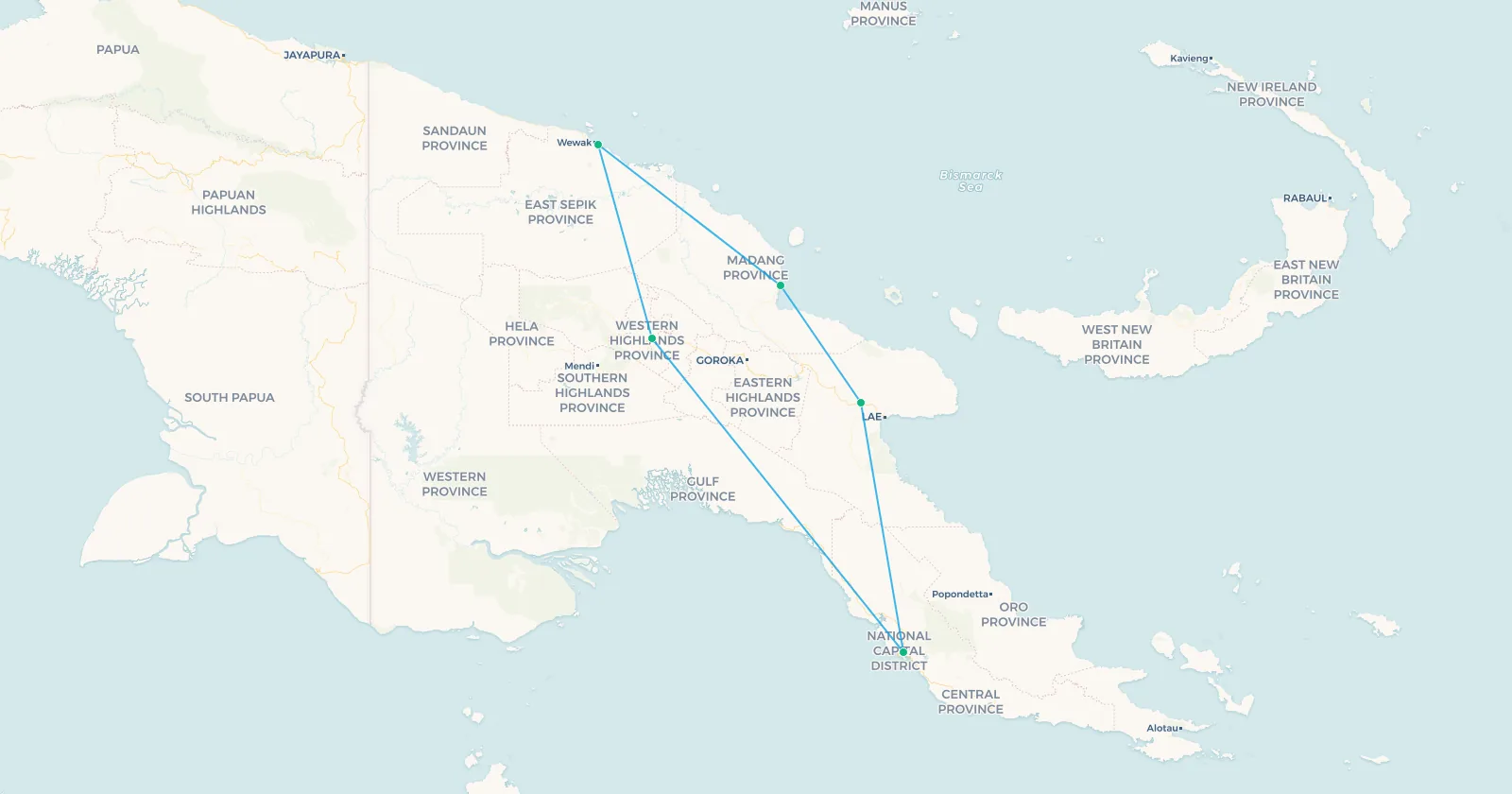 Map of a Papua New Guinea circuit from Port Moresby to Lae, Madang, Wewak, Mount Hagen and back, looping around the north coast and the highlands
