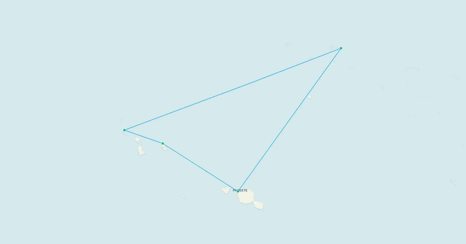 Map of an Air Tahiti island pass loop drawing a triangle between Papeete, Huahine, Bora Bora and Rangiroa in French Polynesia