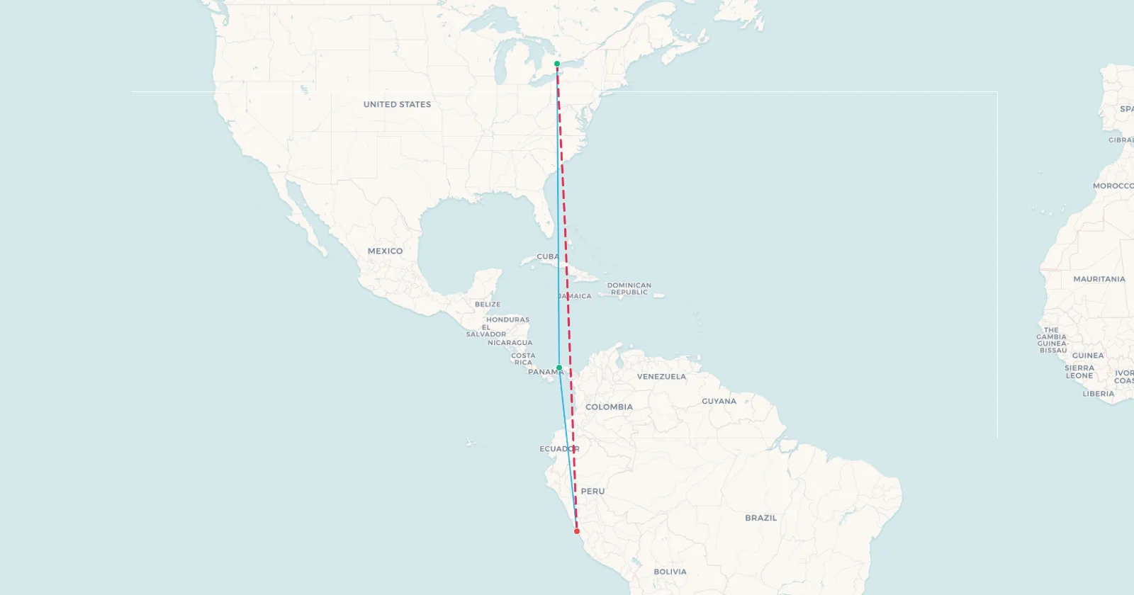 Map comparing Toronto to Lima direct against the routing via Panama City, the two lines almost identical