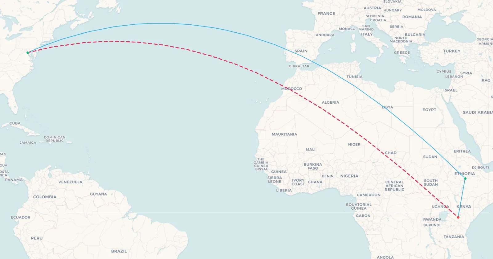 Map comparing Washington to Nairobi direct against the routing via Addis Ababa