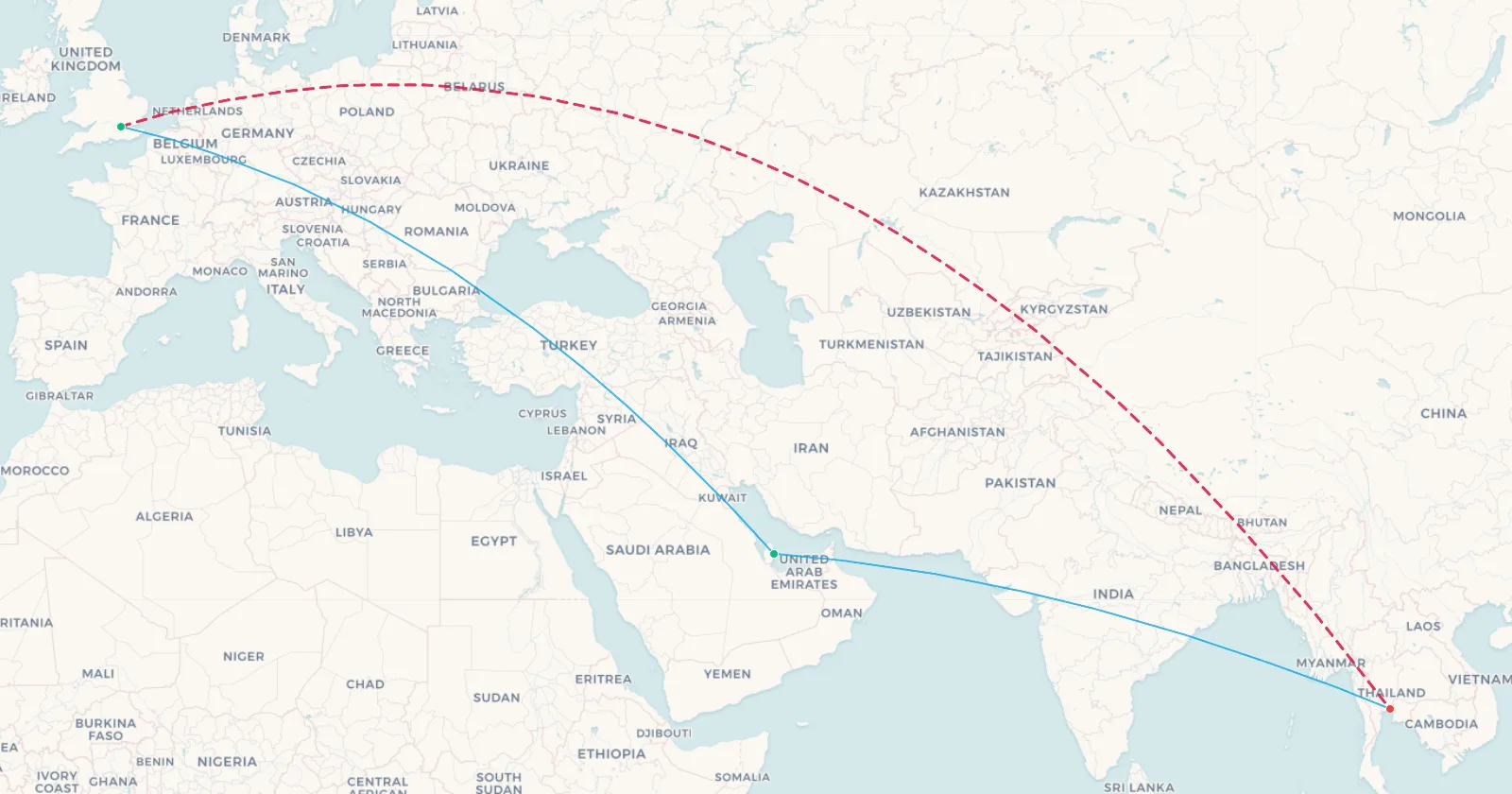 Map comparing London to Bangkok direct against the routing via Doha