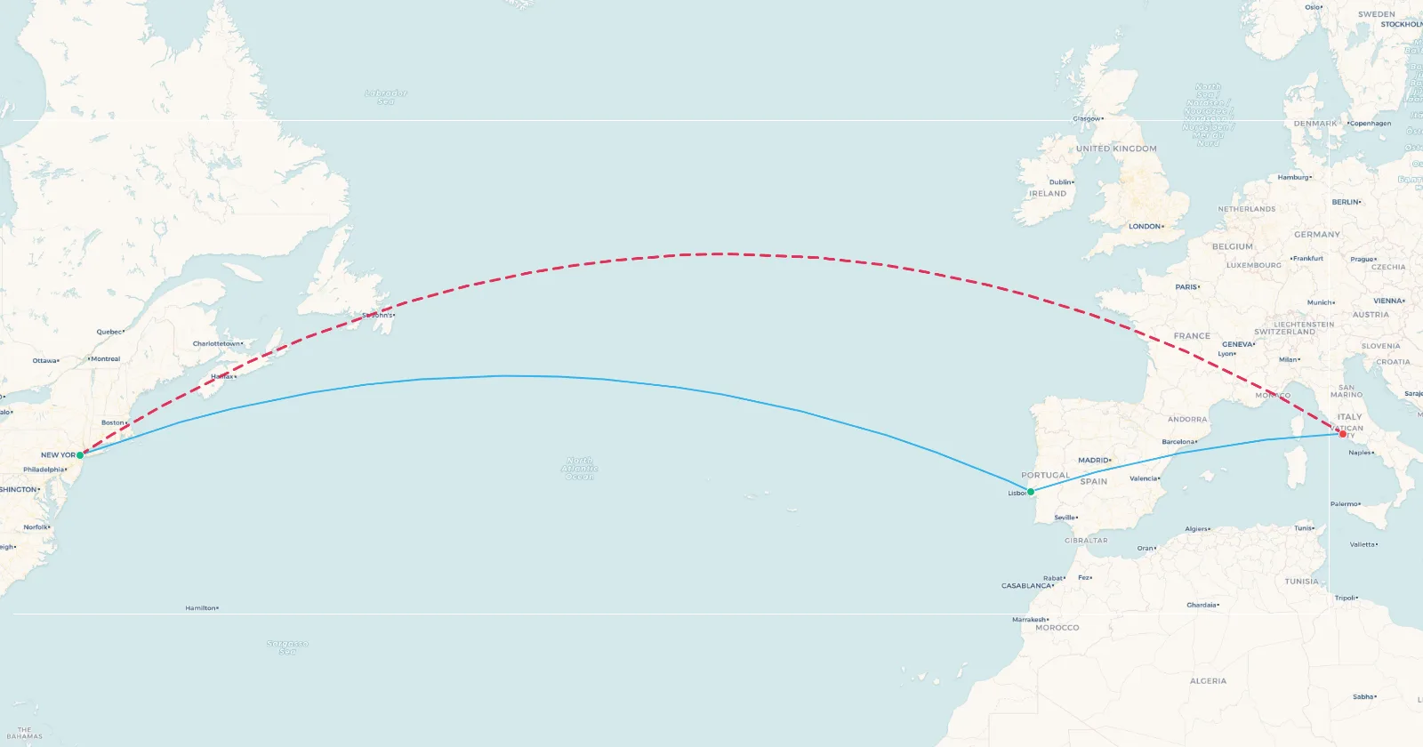 Map comparing Newark to Rome direct against the routing via Lisbon
