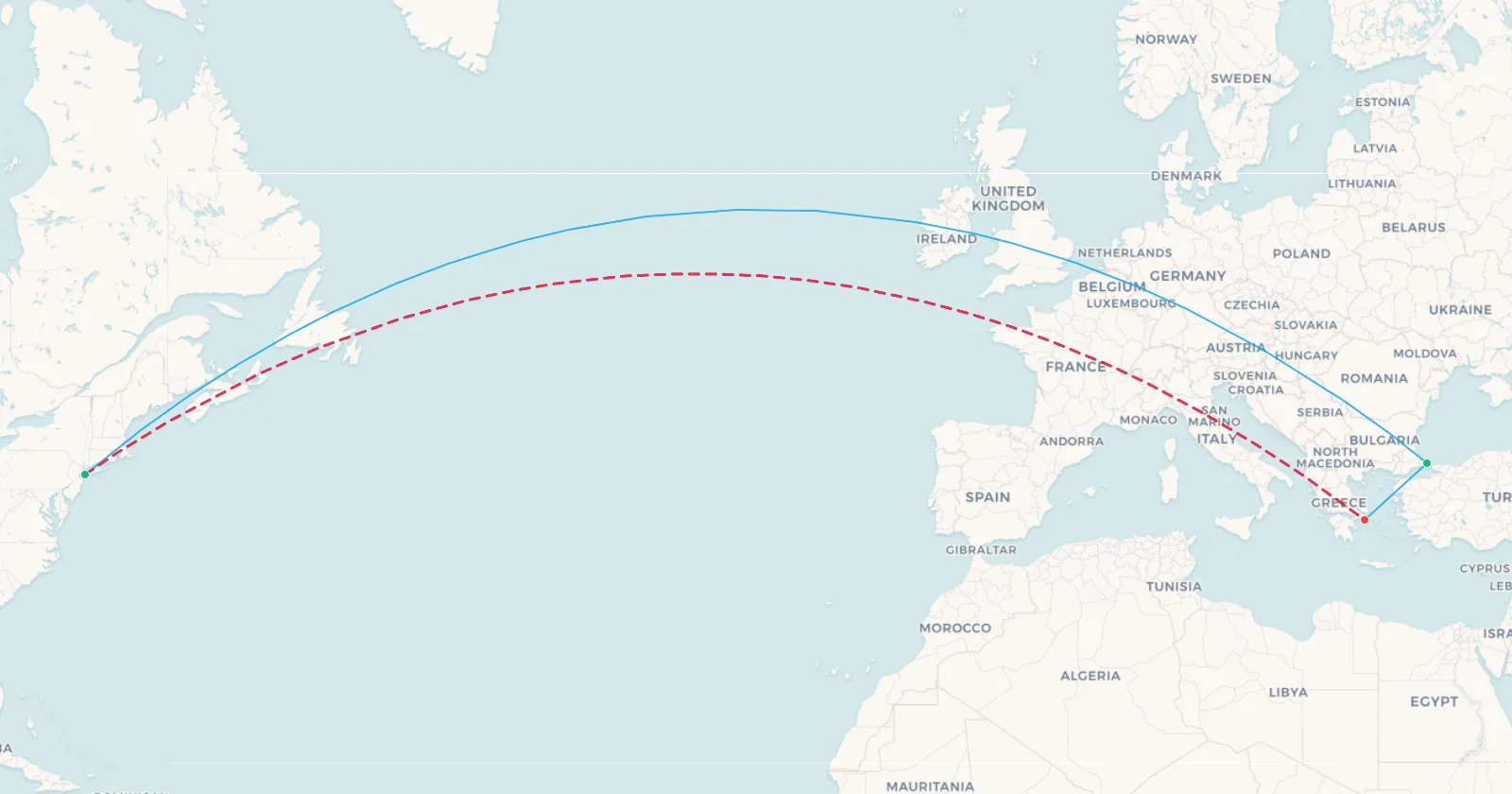Map comparing New York to Athens direct against the routing via Istanbul
