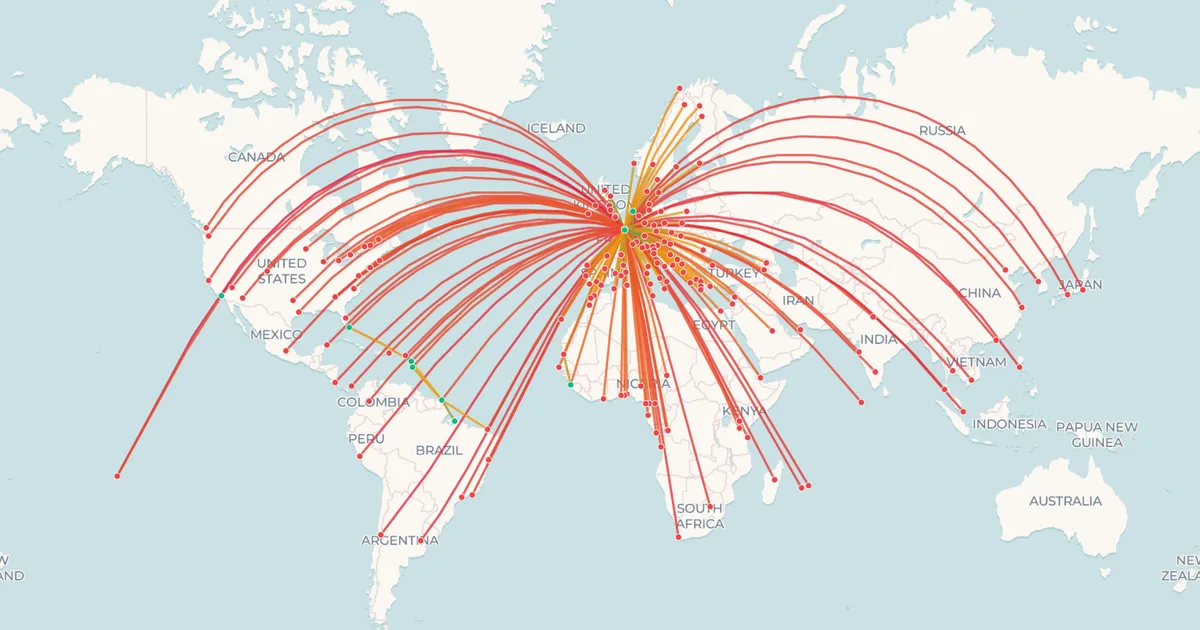 Map of the Air France international network from Paris, with a dense spread of routes across Africa