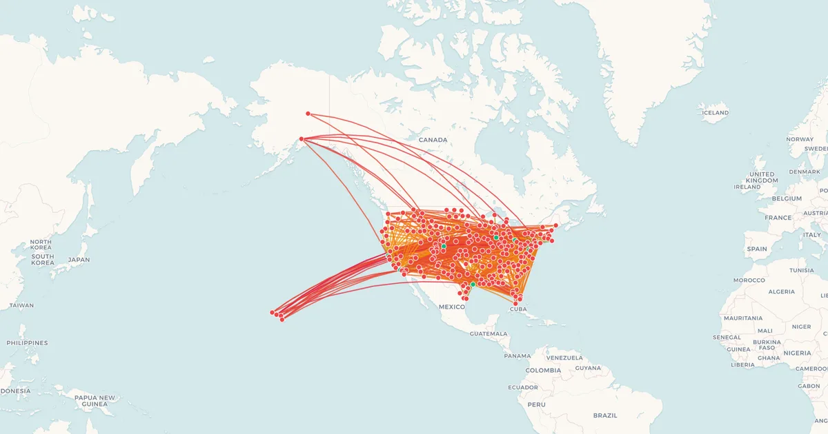 Map of the United Airlines domestic network, a dense web of 725 routes almost entirely inside the United States