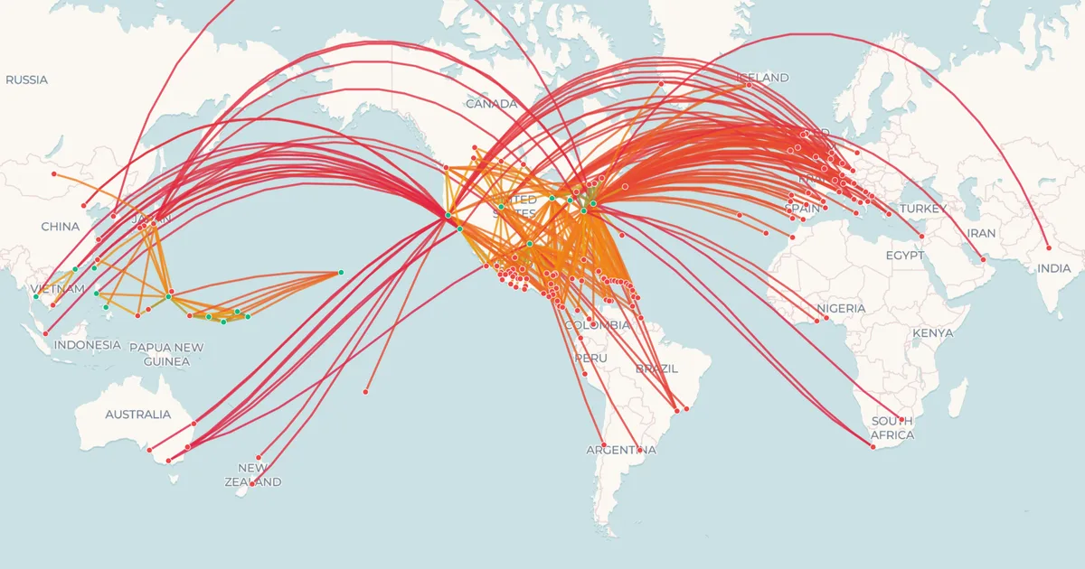 Map of the United Airlines international network, 361 routes from its US hubs to Europe, Asia, Latin America and the Pacific