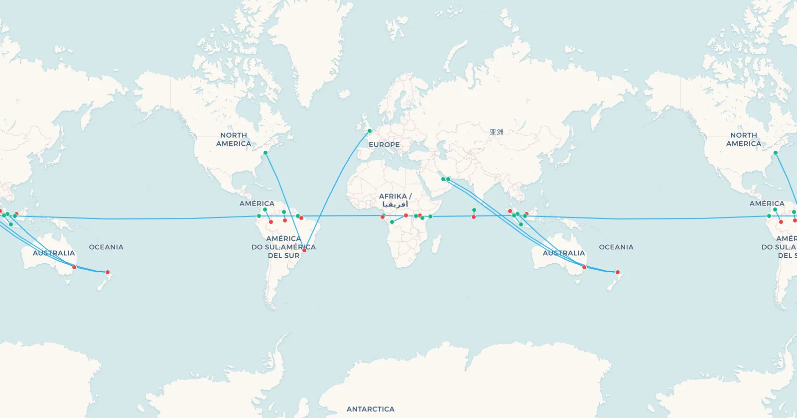 World map showing all twenty-one equator routes in this guide, from the airport chain along the line to long-haul crossings and domestic hemisphere changes