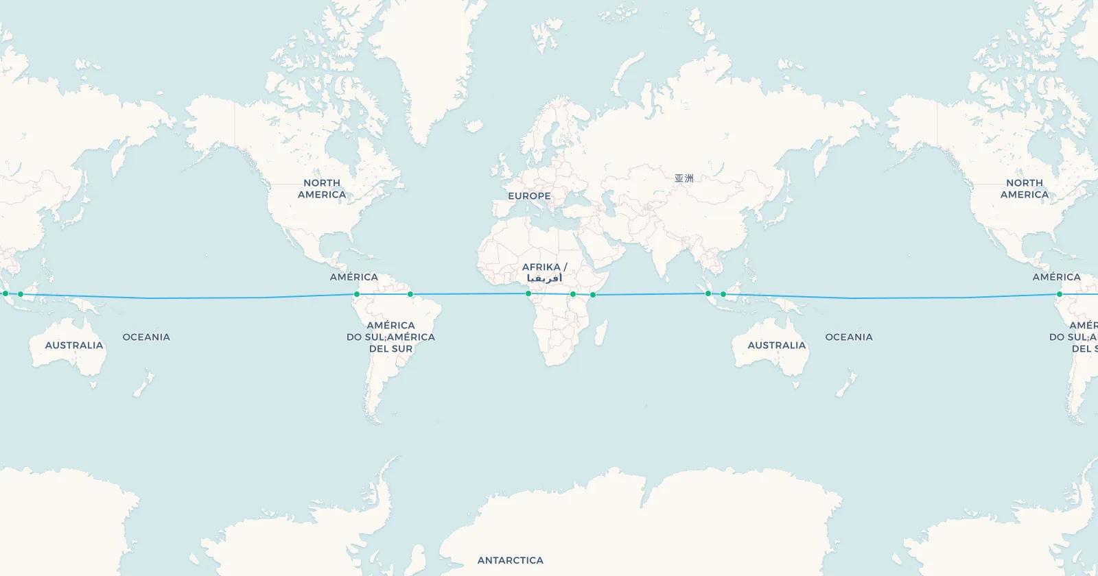 World map tracing the equator through Quito, Macapá, Libreville, Entebbe, Kismayo, Pekanbaru and Pontianak, forming a ring around the planet at zero degrees latitude