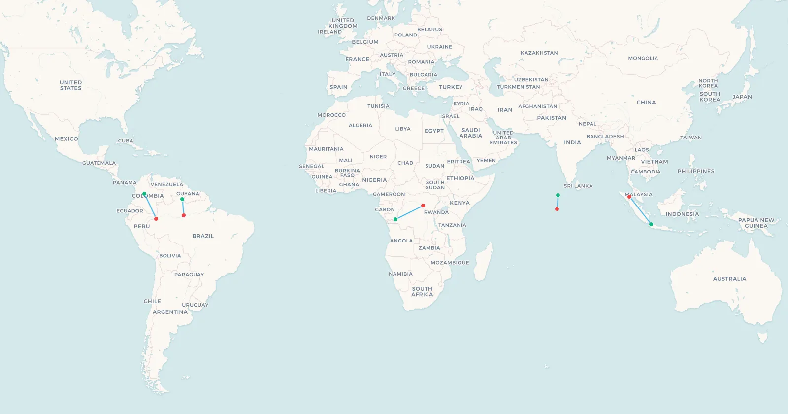 Map of domestic flights that change hemisphere, in Colombia, Brazil, Indonesia, the Maldives and the Democratic Republic of the Congo