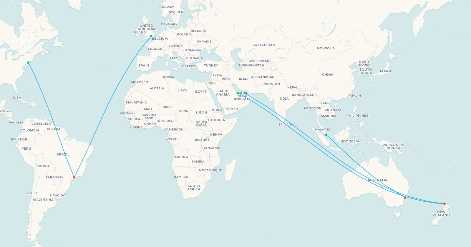 Map of long-haul equator crossings including Dubai to Auckland, Doha to Auckland, London and New York to São Paulo, and Singapore to Sydney