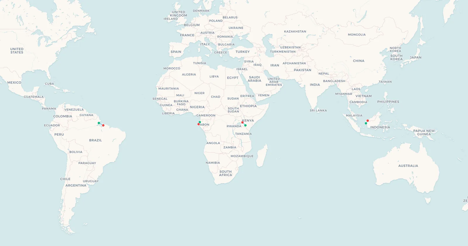 Map of four short equator-crossing flights: Libreville to Port-Gentil in Gabon, Nairobi to Eldoret in Kenya, Pontianak to Kuching on Borneo and Macapá to Belém in Brazil