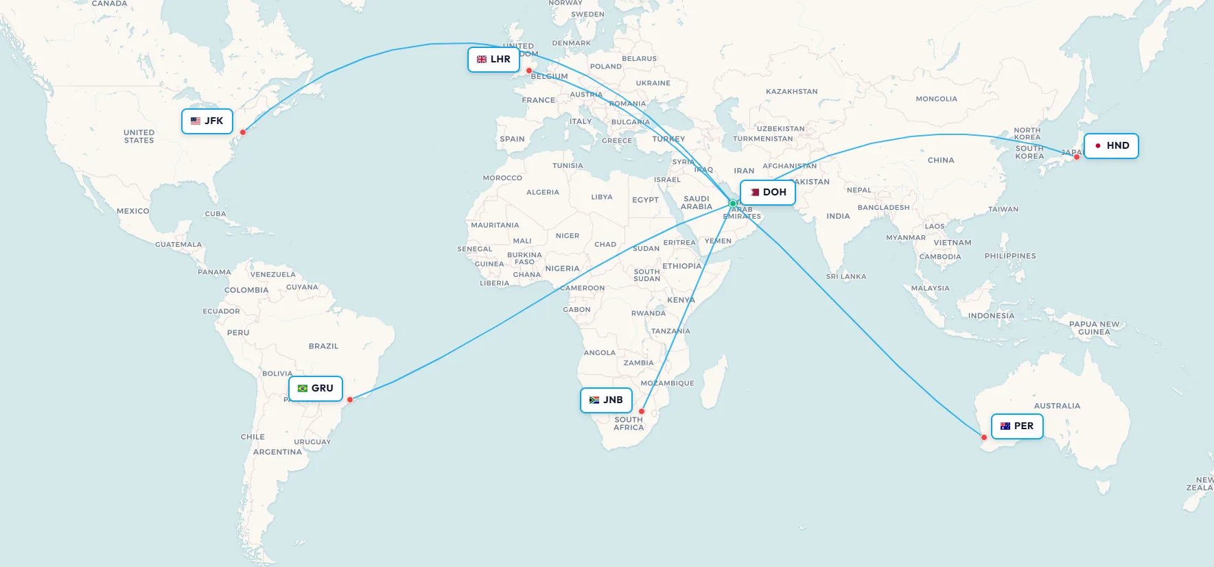 Map of Doha Hamad International's nonstop routes to all six inhabited continents