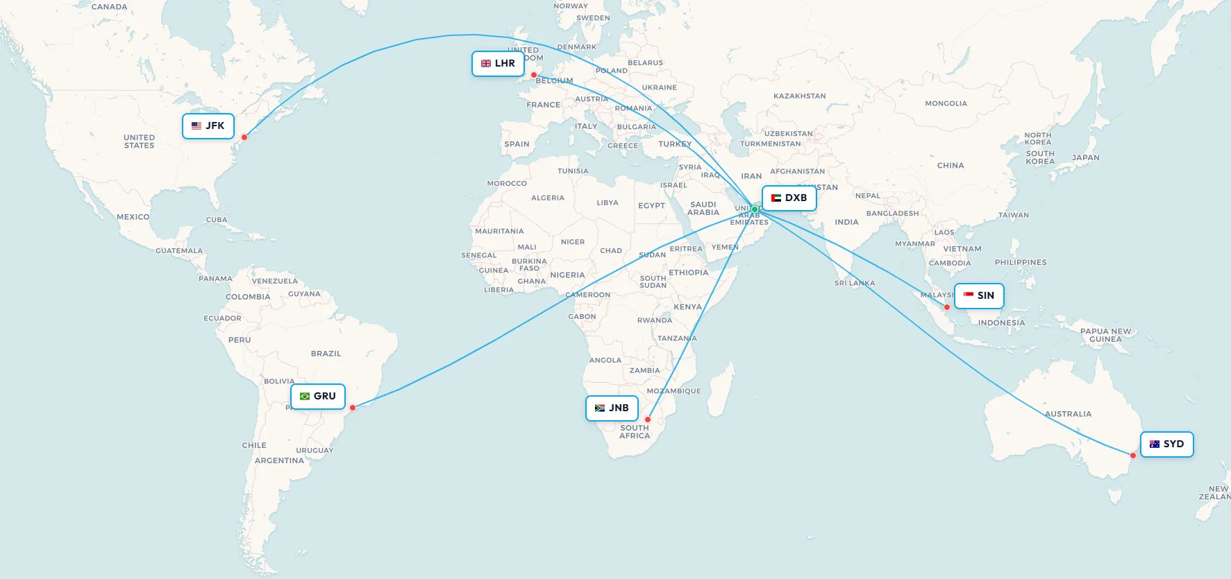 Map of Dubai International's nonstop routes to all six inhabited continents