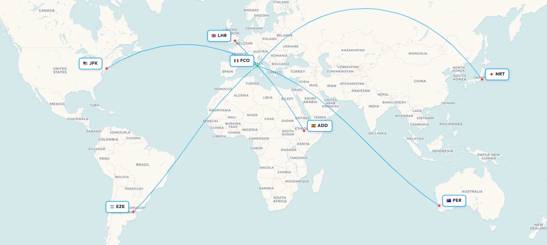 Map of Rome Fiumicino's nonstop routes to all six inhabited continents