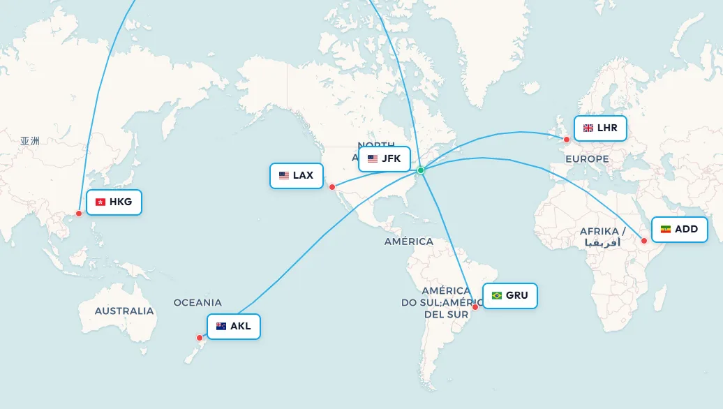 Map of New York JFK's nonstop routes to all six inhabited continents