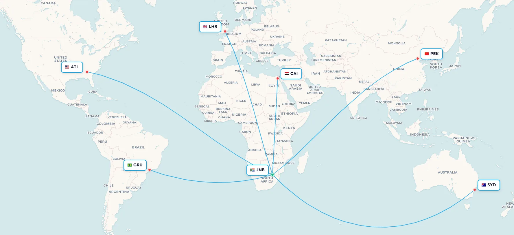 Map of Johannesburg O.R. Tambo's nonstop routes to all six inhabited continents