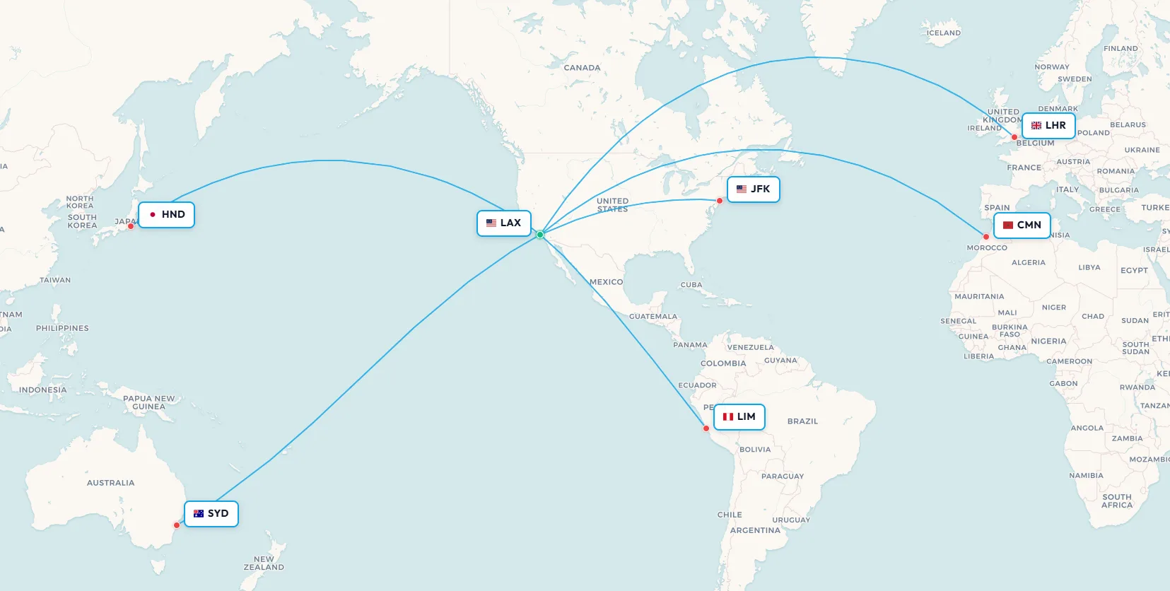 Map of Los Angeles International's nonstop routes to all six inhabited continents