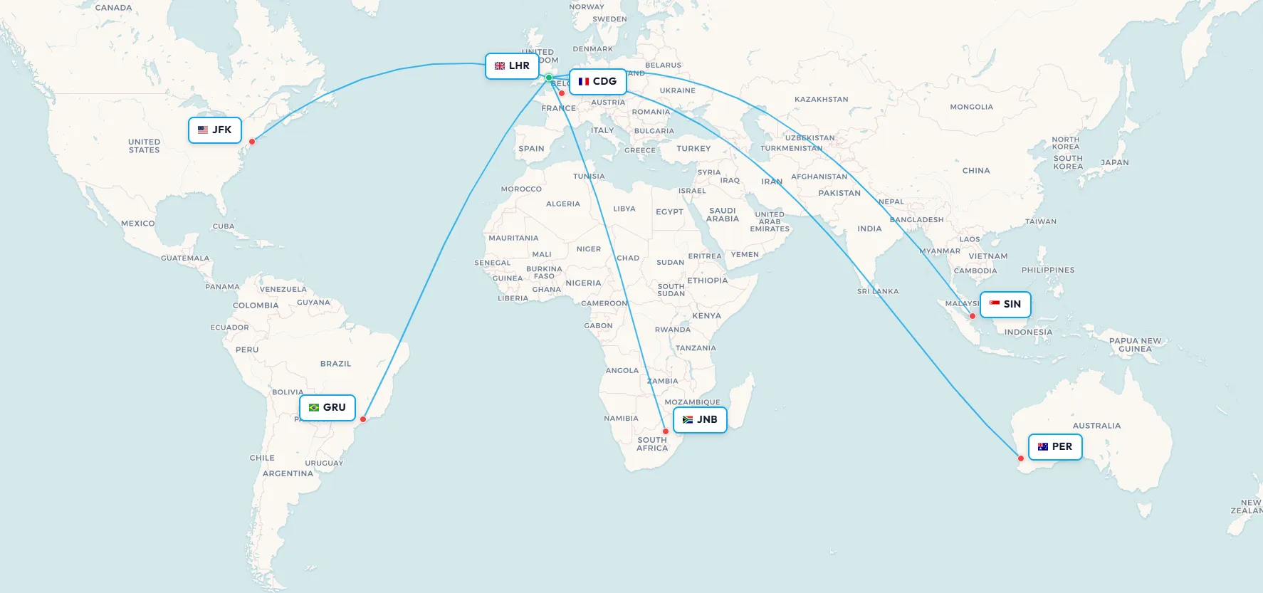 Map of London Heathrow's nonstop routes to all six inhabited continents