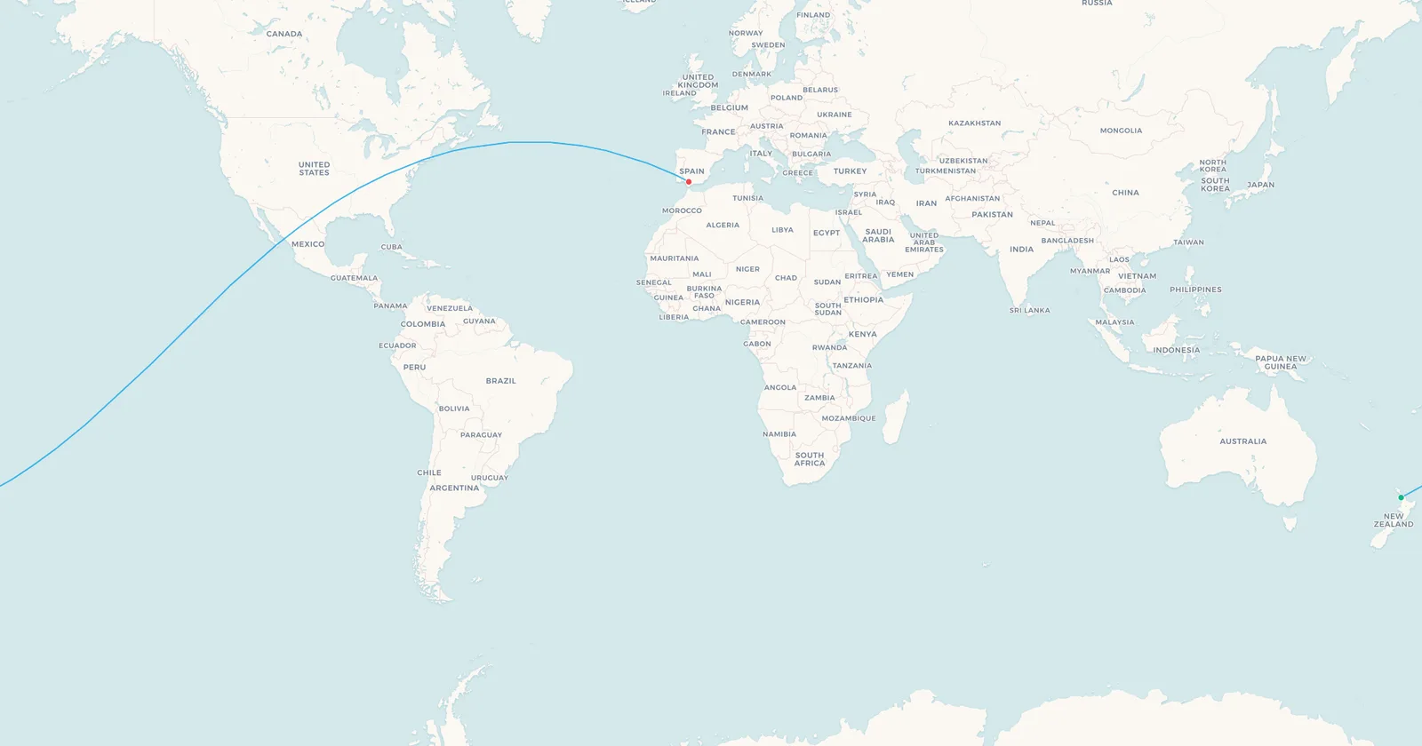 World map of the Auckland to Seville great circle, the two cities almost exactly opposite each other